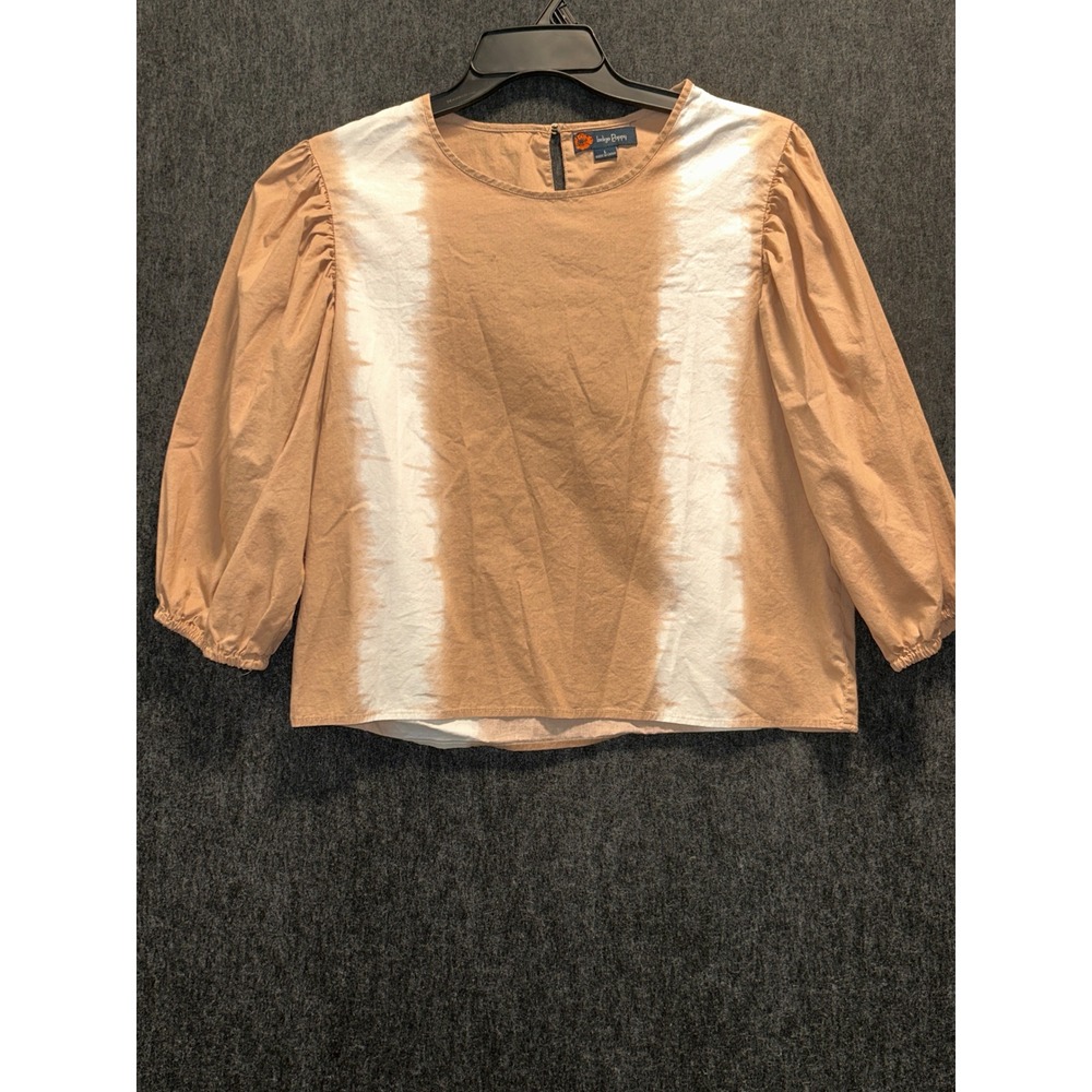Indigo Poppy Tie Dye Blouse Womens L White Tan Puff Sleeve Cotton Boho Coastal